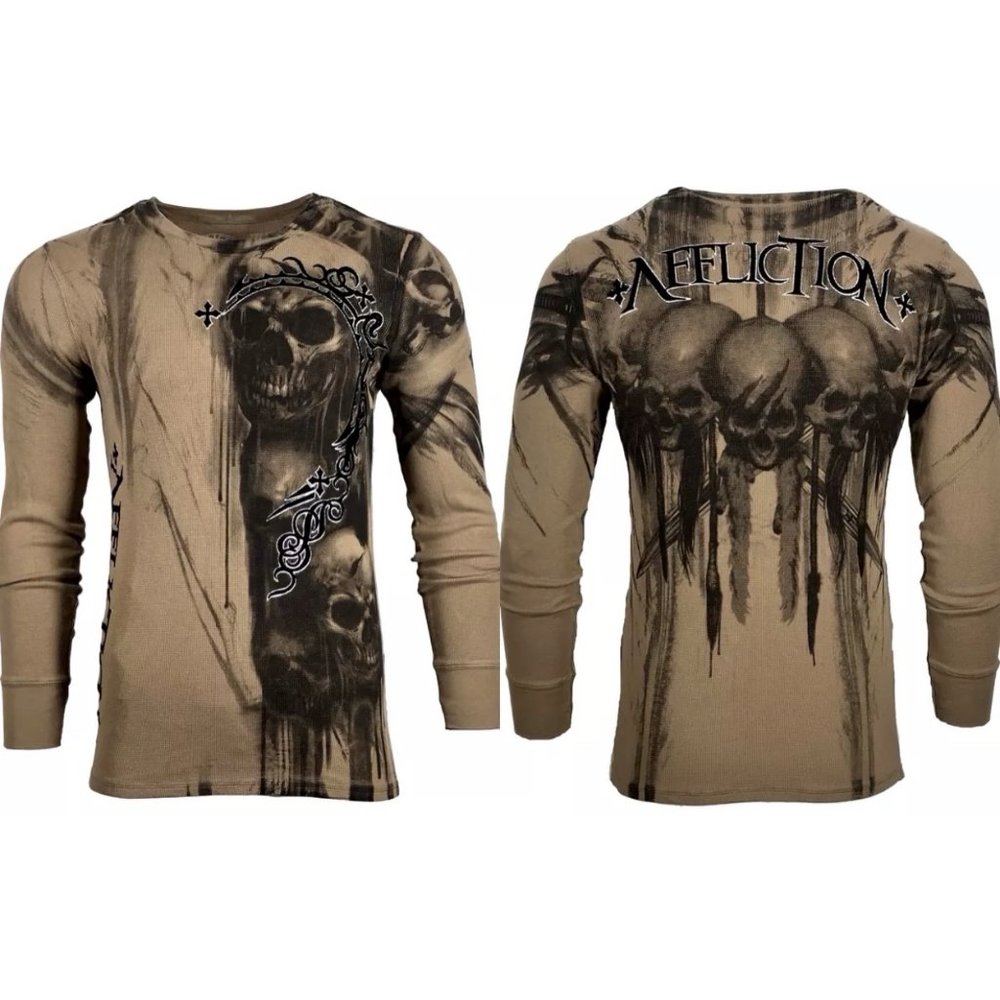 AFFLICTION Men's Long Sleeve Thermal Shirt WALKING DEAD Skull Biker MMA S-4XL